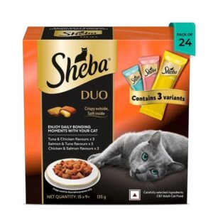 Sheba Duo Adult Crunchy Cat Treats Tuna Chicken Salmon 135g